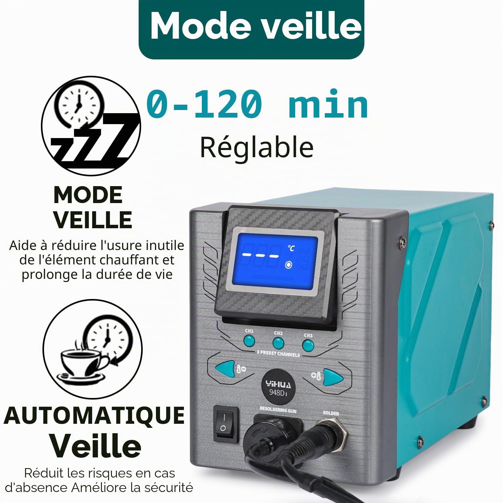 YIHUA 948D-I Station de dessoudage 110 W haute performance, antistatique, avec contrôle de température réglable de 380 à 480°C,3 canaux préréglés,conversion °C/°F,mise en veille automatique(prise UE)