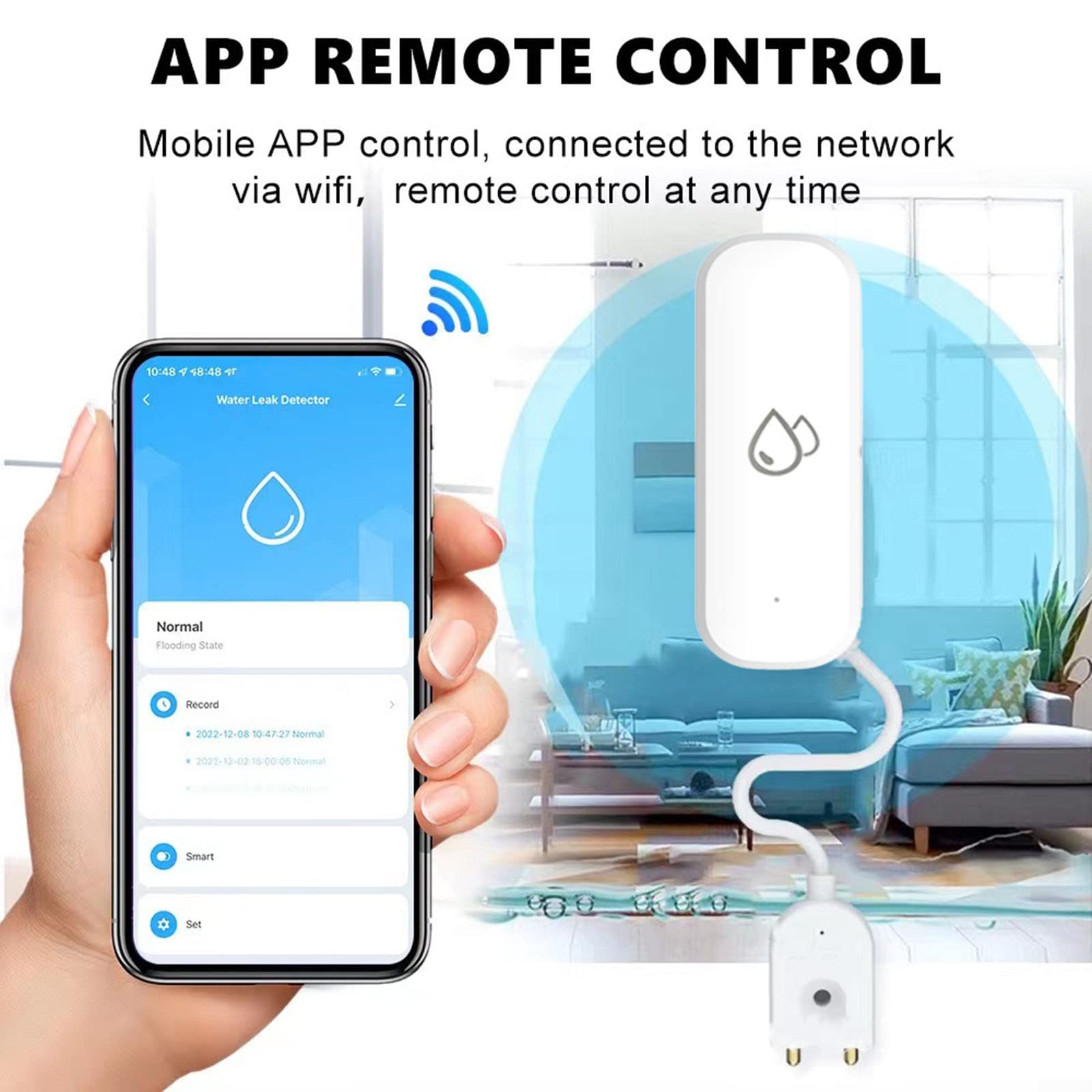 QOXEZY 4 x Wasseralarm, WLAN-Wasserleck-Detektor, intelligente App-Benachrichtigung, Wassersensor-Alarm, Flut- und Leckdetektor, für Heimsicherheit, Küche, Badezimmer, Keller