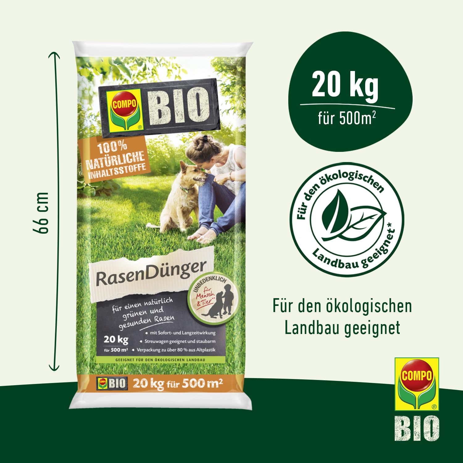 COMPO Engrais bio pour gazon 20 kg, engrais naturel avec effet longue durée pour 500 m²