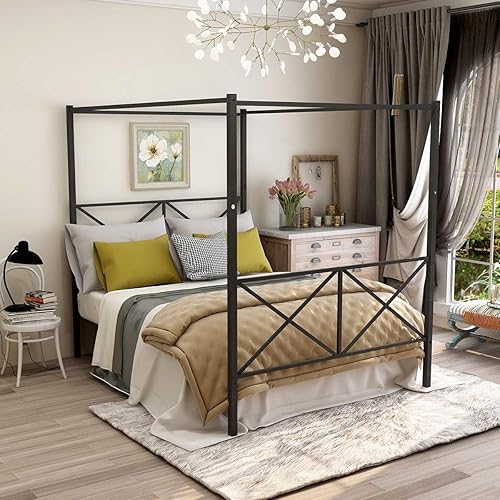 Miniatura 9 de JURMERRY Base de cama con dosel tamaño Queen con cabecera y estribo de metal, plataforma de cama de acero de estilo moderno, cama de listones Negro