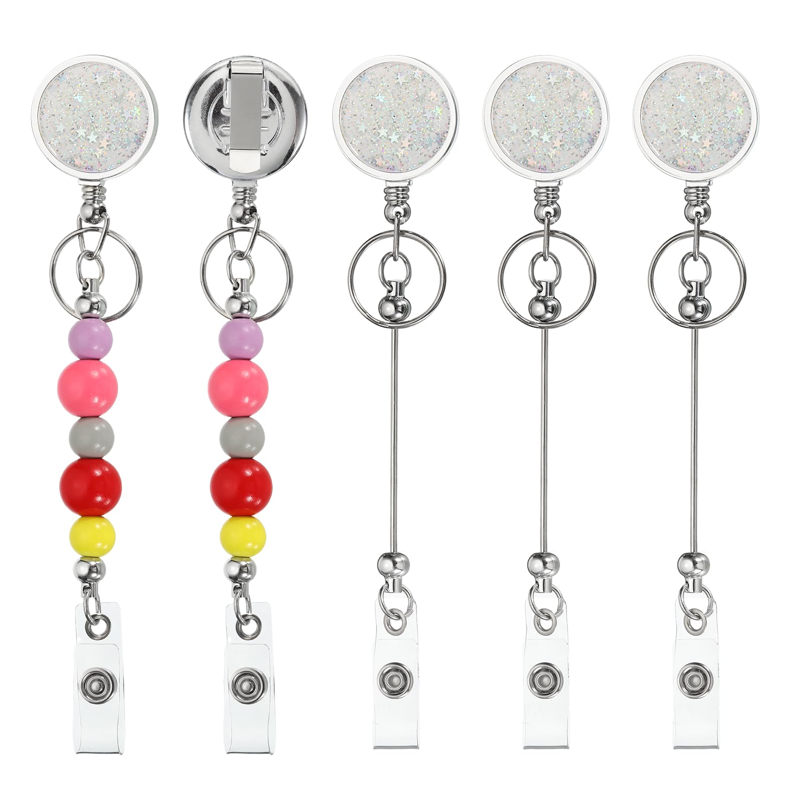 PATIKIL Beadable Badge Reels, 5 Pcs Bead Retractable Badge Holder, Retractable Bead Reel Keychain Blank Bar with Belt Clip for ID Name Key Teachers Office Workers DIY Gift, White