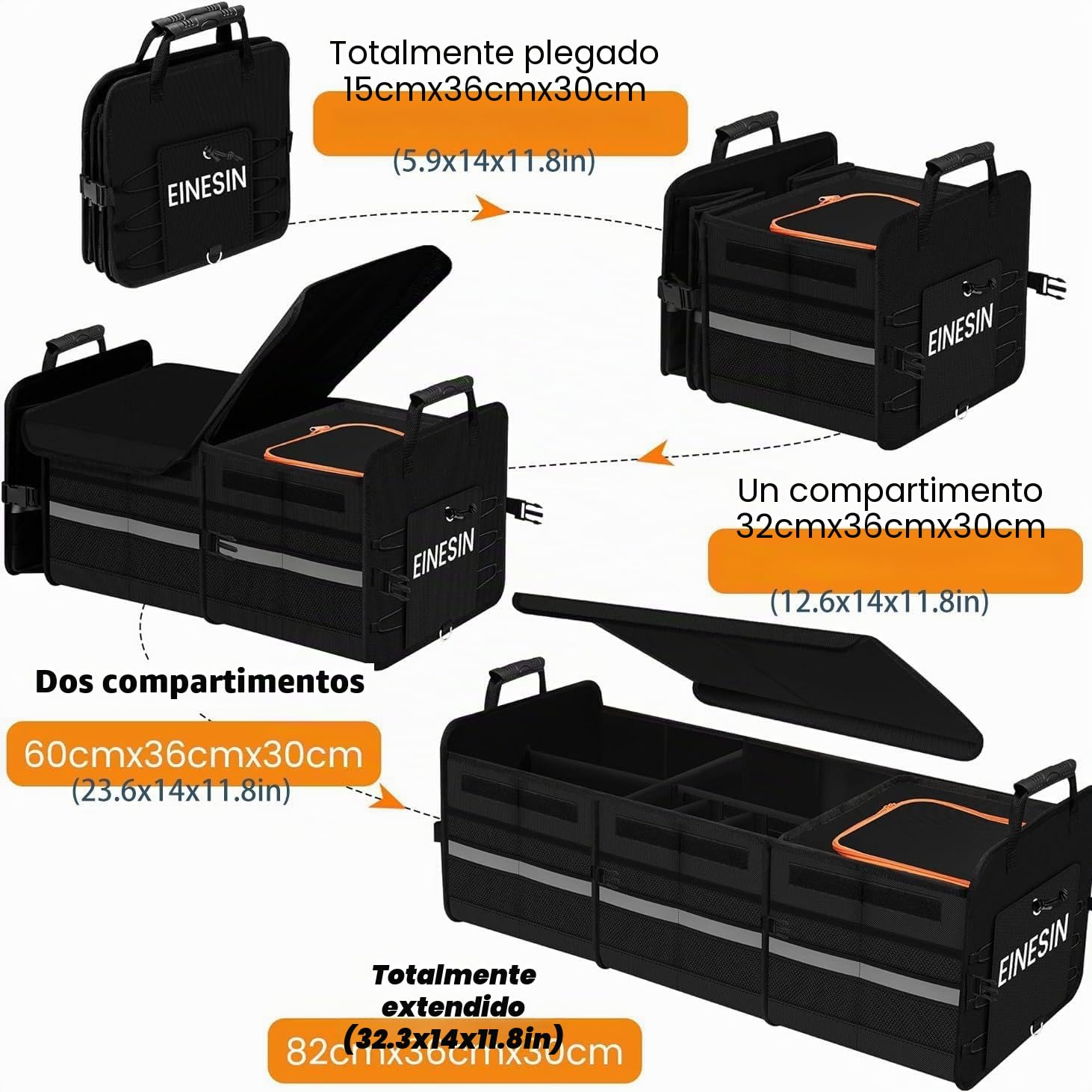 Einesin Organizador Maletero Coche con Bolsa Aislante, 88L Gran Capacidad Varios Compartimentos, Plegable Impermeable y Base Antideslizante Tapa Desmontable Negro