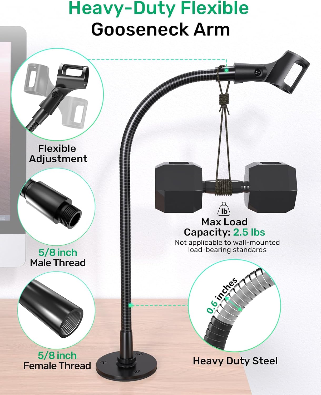 Gooseneck Mic Stand -19" Podium Microphone Holder, Heavy Duty Adjustable Desk/Wall Mount Flexible Arm with Flange Mount, Compatible with Dynamic Mics for Podcast, Studio, Lecture, Gaming, Streaming