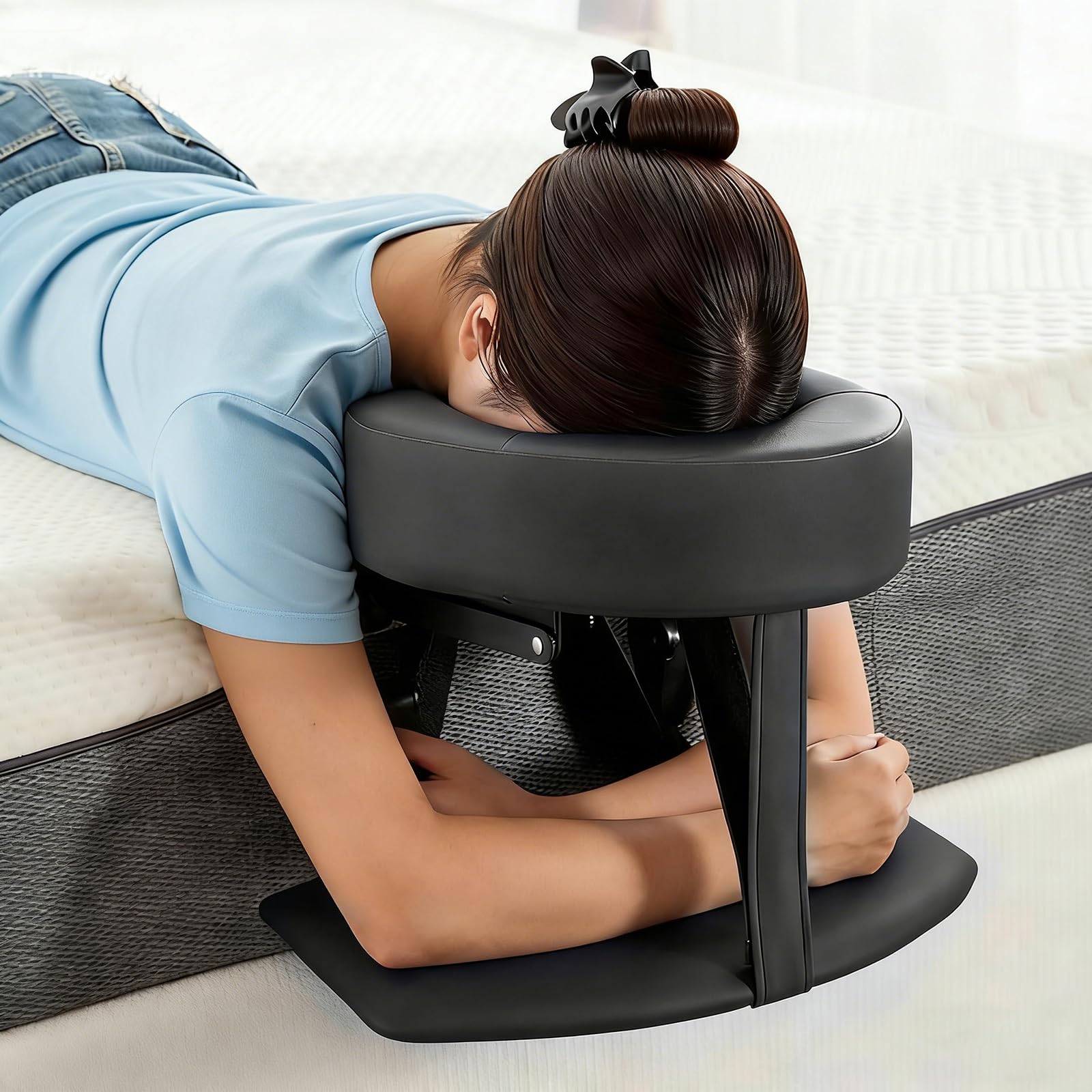 Support de table de massage, appui-tête de massage pour lit, coussin réglable en forme de U, surmatelas de massage avec planche d'accoudoir et sac de rangement (pour matelas de 14 à 45 cm, noir)