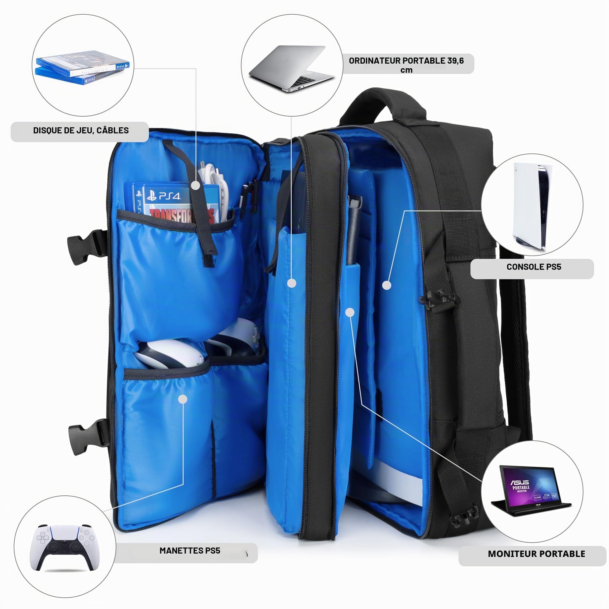 PGmoon Sac à Dos Compatible avec Console PS5/PS4 pour Voyage, Soirée | Grande Cloison Rembourrée Réglable, Plusieurs Poches pour Manette, Laptop 15,6", Disques de Jeu, Conception Brevetée