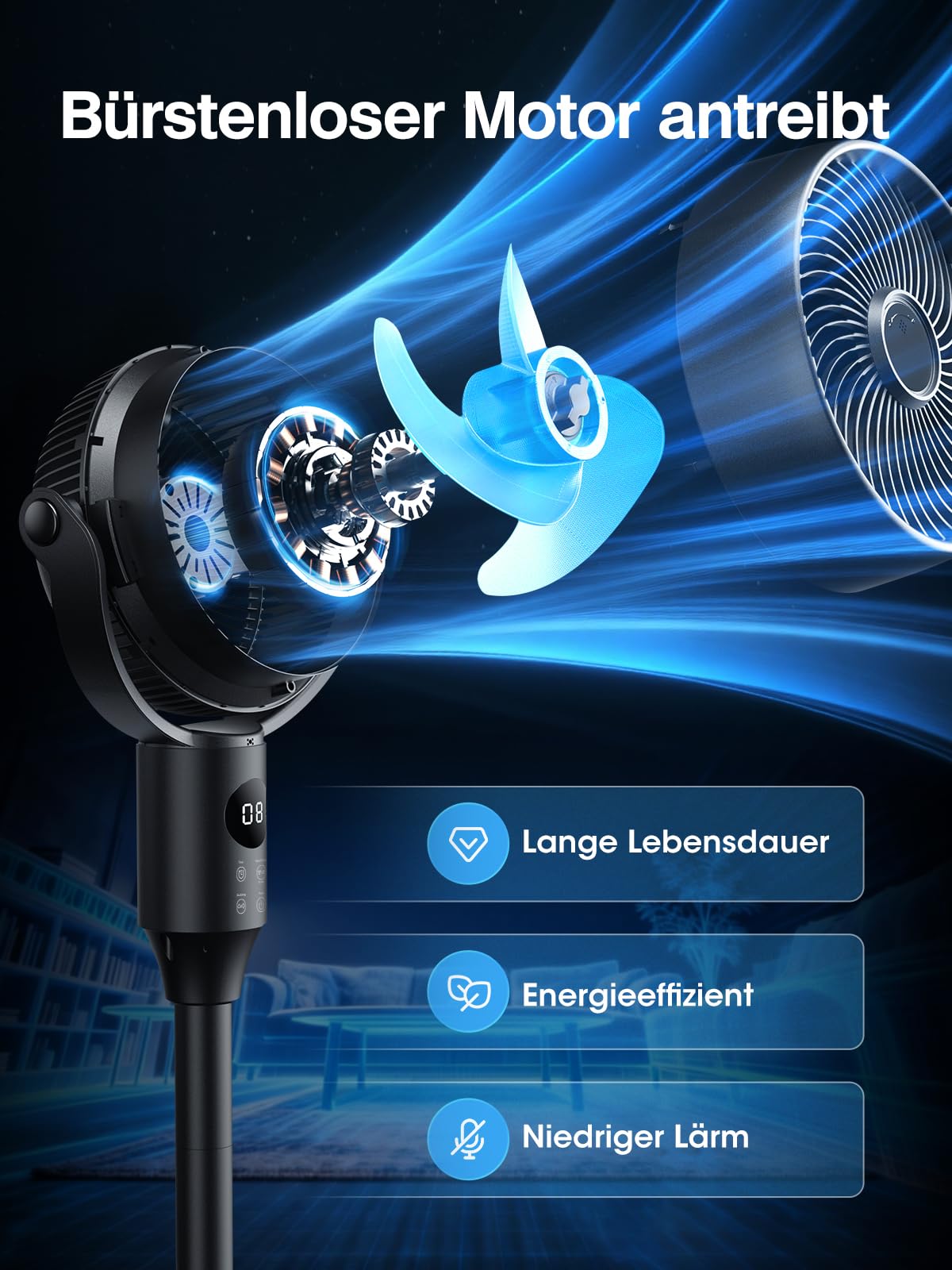 Leiser Standventilator 80°+90° Oszillierender Ventilator mit Fernbedienung, 1444m³/h, 3 Stufen 12H Timer, 23-41" Höhenverstellbar