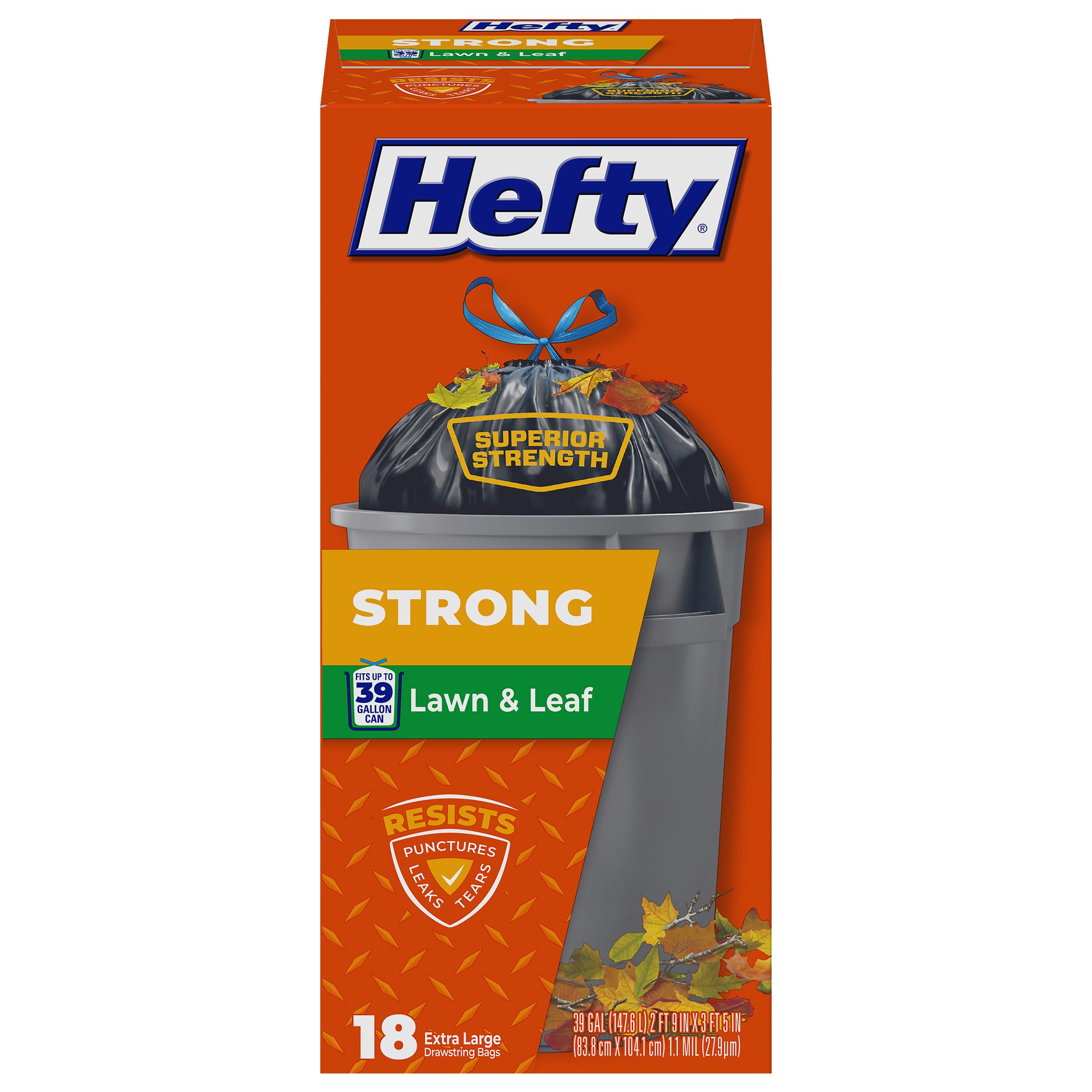Hefty Strong Lawn &amp; Leaf 39 Gallon Trash Bags, Heavy Duty, Black, 18ct