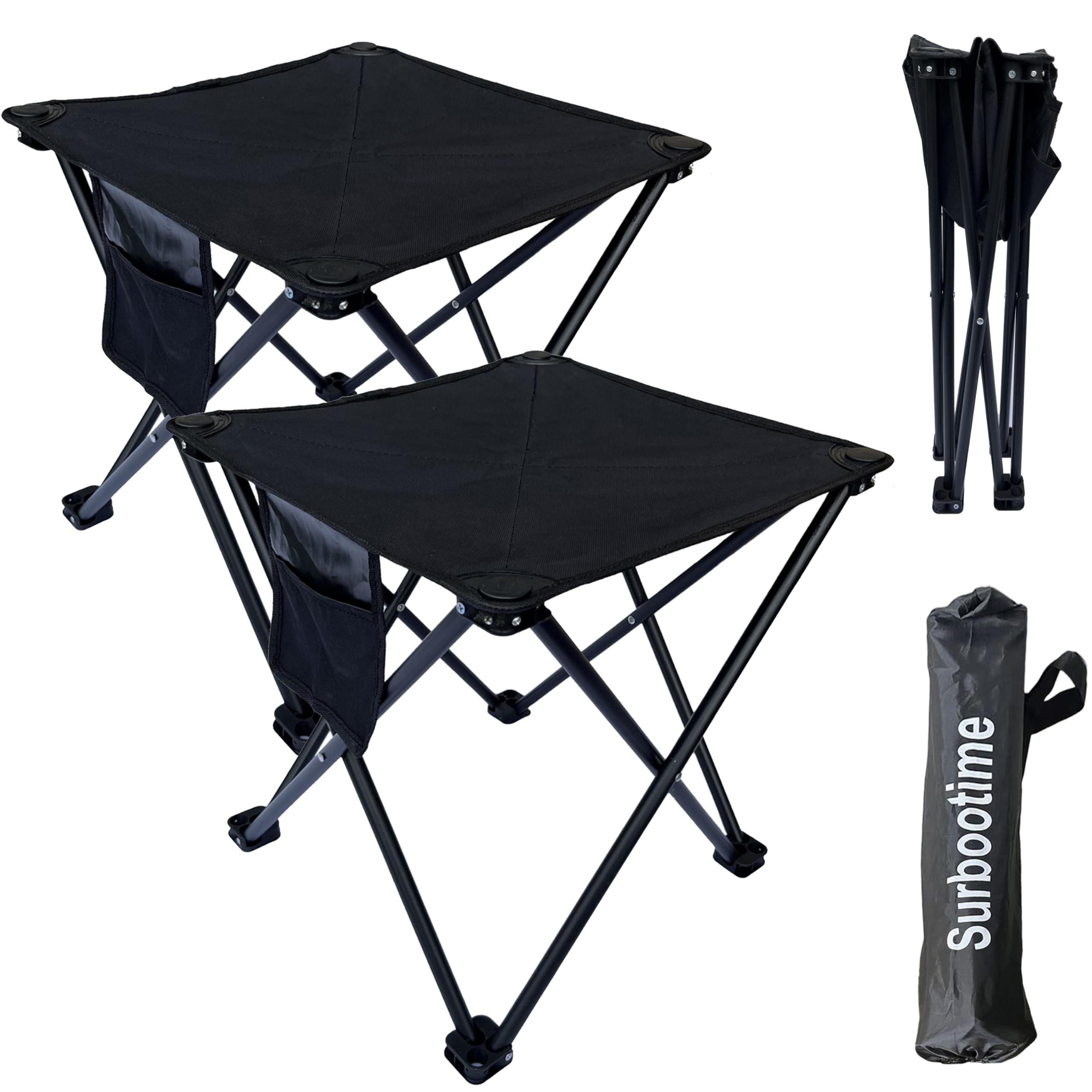 Portable folding camping stools (2 pieces, 17*17*18 inches), lightweight outdoor stools with side pockets, extra-large folding footstools, suitable for fishing, picnics, beach barbecues (black) — image 1
