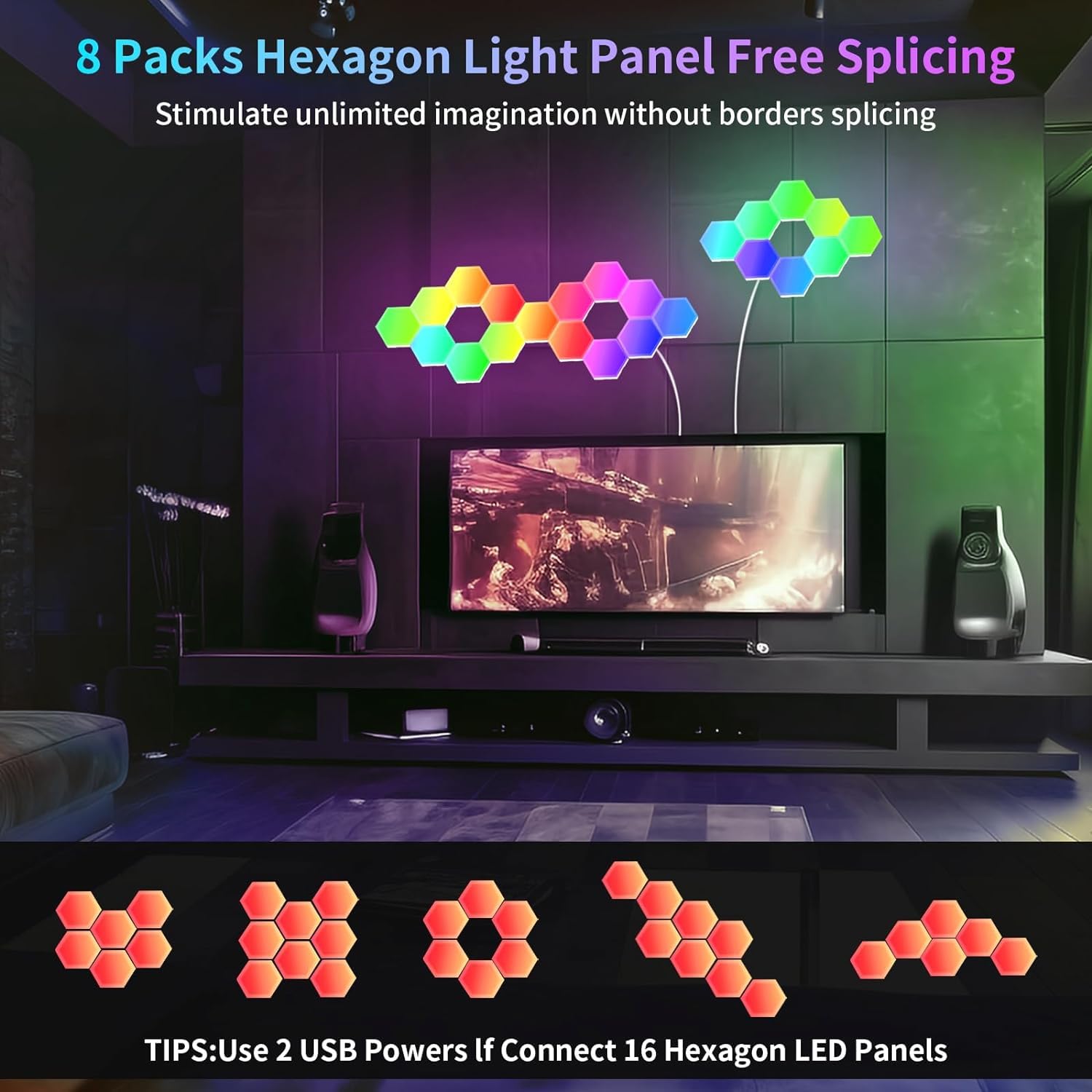 Paquete de 16 luces LED hexagonales RGB, paneles de pared con aplicación y control remoto, sincronización de música, juegos, sala de estar, dormitorio