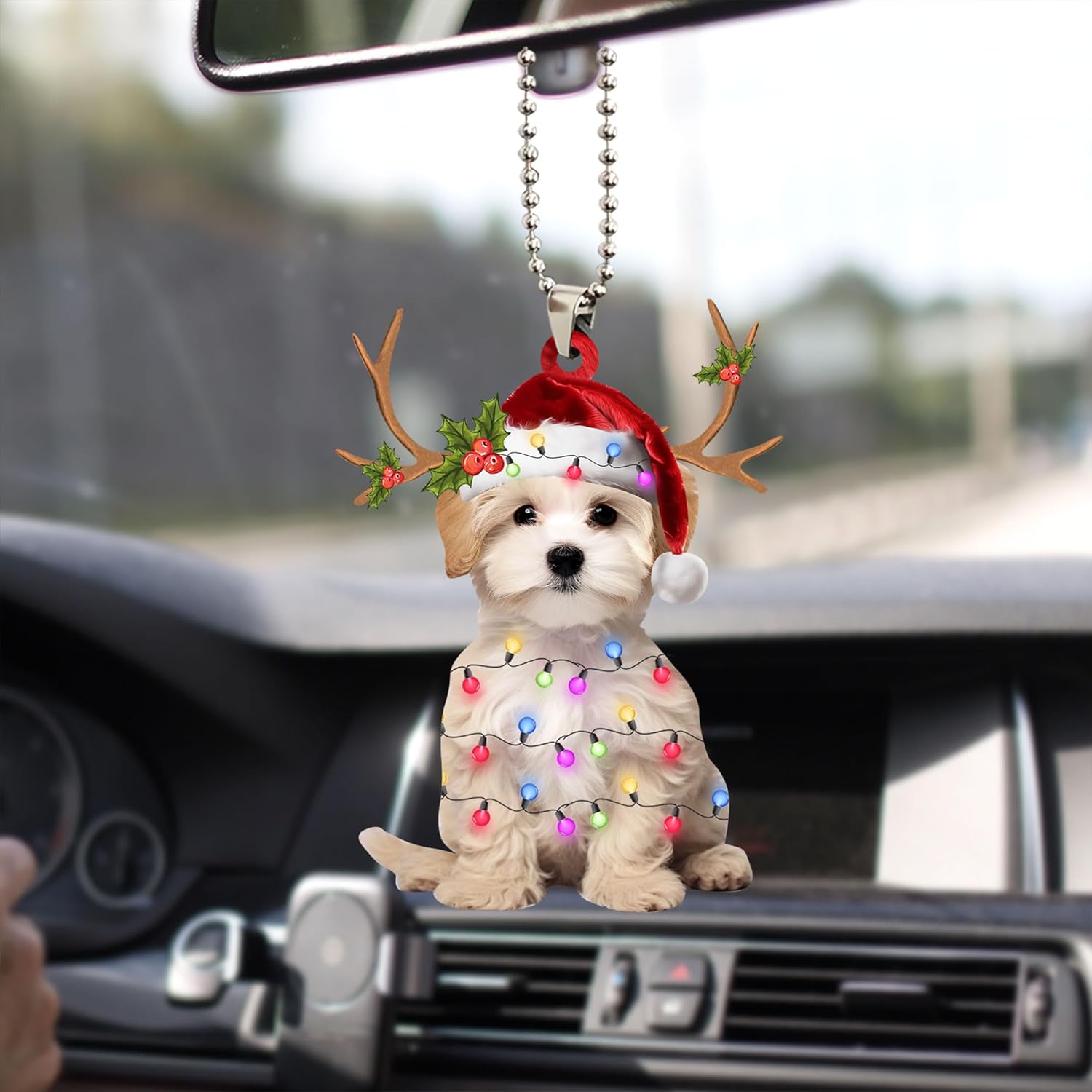 Talataca Maltipoo 2D Flat Christmas Ornament, Maltese Poodle Christmas Hat Reindeer String Lights Pine Tree Decor, Hanging House Charm Eve Keepsake, Car Rear View Mirror Accessories, Xmas Gift - Image 6