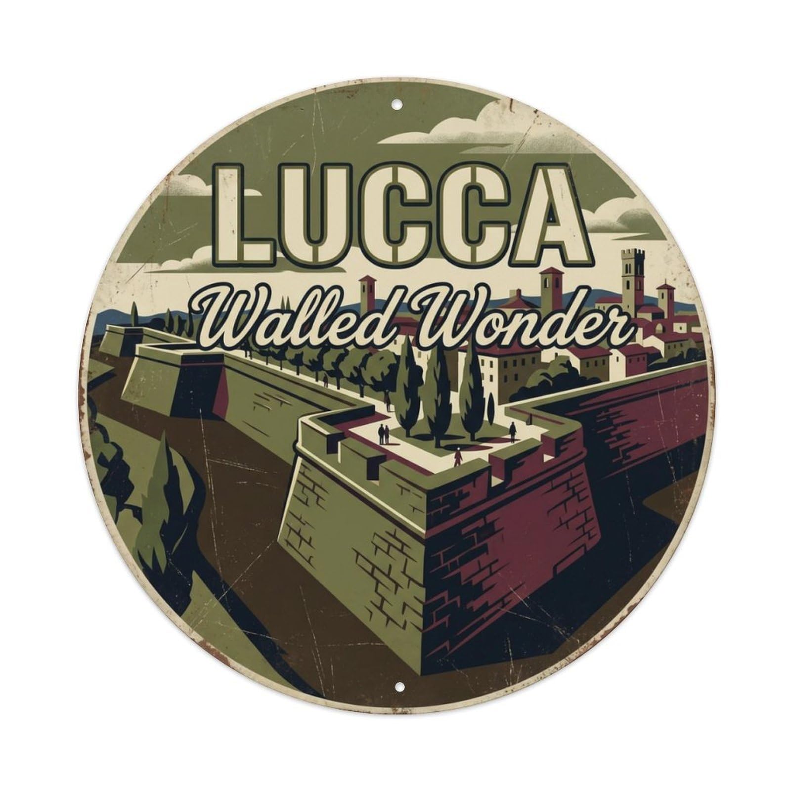 Fqcyn Style Vintage Travel Lucca Walls Italy Metal Tin Sign Plaque Wall Decor For Cafe, Club Bar, Office, Home Garden Round Metal Poster 8X8inch