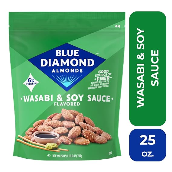 Blue Diamond Almonds, Bold Wasabi & Soy Sauce Flavored Snack Nuts, Bulk Bag, Pantry Staple, GMO-Free, Great for Parties, Lunch, Events, Holiday, and Healthy Snacking, 25 Oz Resealable Bag (Pack of 1)