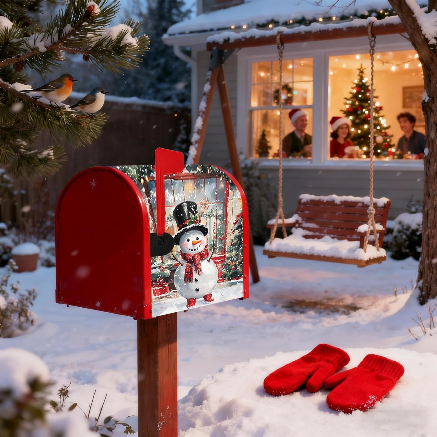 Snowman & Red Truck Mailbox Covers Magnetic Standard Size 21x18 inch,Snow Scene Mail Box Wrapsfor Winter, Post Letter Box Cover for Holiday Garden Yard Decor