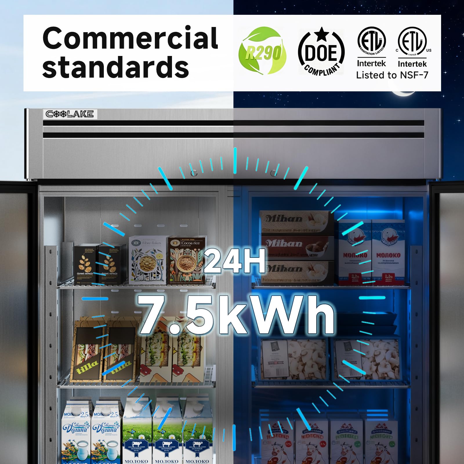 Coolake 54.4" W Commercial Refrigerator, 49 Cu Ft 2 Door Upright Refrigerator With 8 Adjustable Shelves, Frost-Free Stainless Steel Industrial Reach-In Fridge For School Restaurant Café Prep Kitchen on Fridge.com - View 5