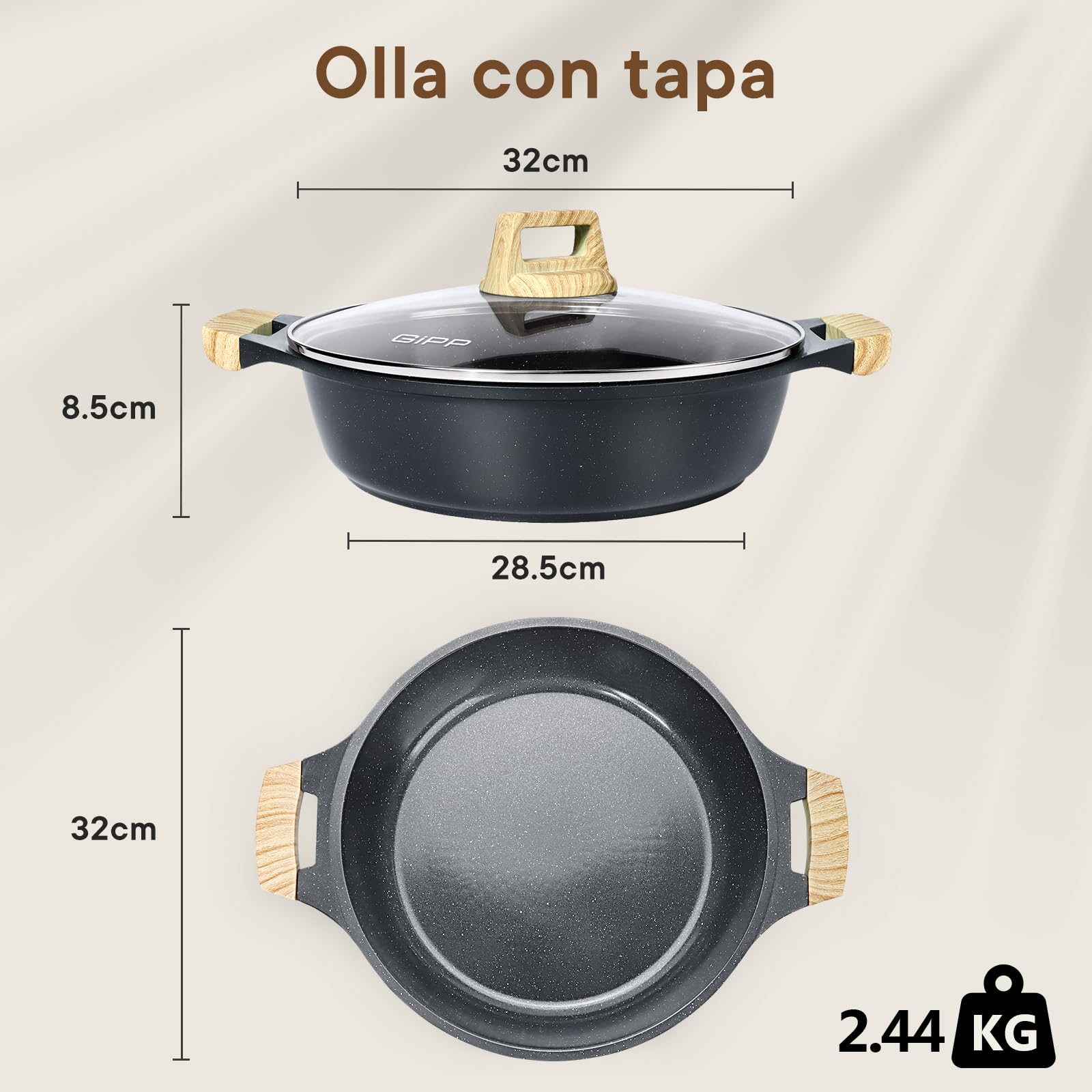 GiPP Cacerola 32cm con Tapa y Mango Antiquemaduras, Ollas Cocina con Revestimiento Cerámico Antiadherente, Aluminio Fundido, Apta Para Todo Tipo de Cocinas Incluida Inducción y Horno, Altura 8.5 cm