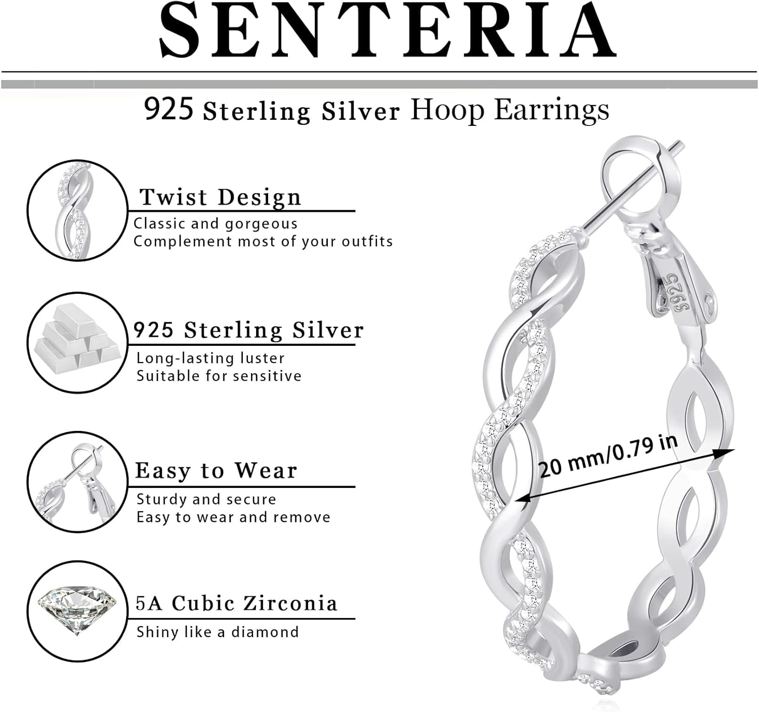 Senteria 925 Sterling Silver Earrings Hoops for Women Lightweight Twisted Hoop Earrings With Cubic Zirconia Hypoallergenic Hoops Earrings (20/30/40/50/60MM) - Image 4