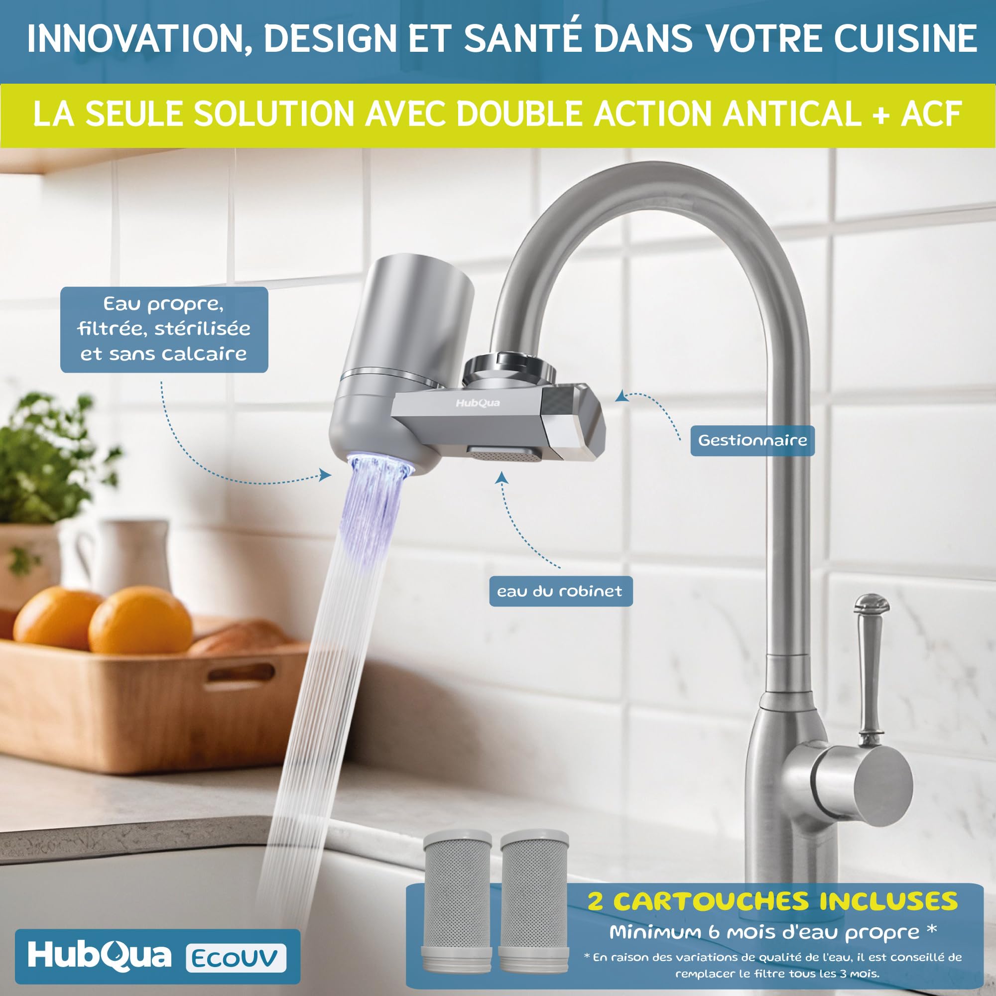 EcoUV - Filtre à Eau pour Robinet avec Technologie UV Brevetée Autogénérée, 2 Cartouches Double Action (Antical + Fibre de Carbone) Incluses, Élimine Calcaire, Chlore, Bactéries et Impuretés