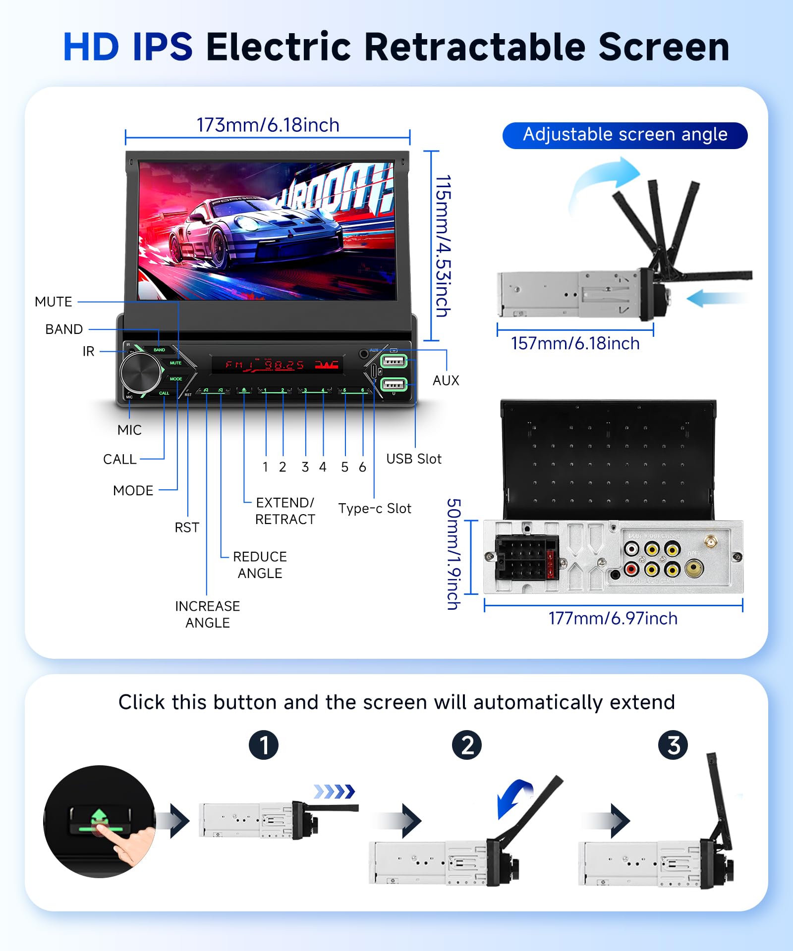 Hodozzy Dab Autoradio 1 din Carplay sans Fil Android Auto avec Écran Automatique Rétractable de 7 Pouces, Poste Radio Voiture Bluetooth Ecran Tactile avec Lien Miroir/FM/USB/AUX/TF+Caméra de recul