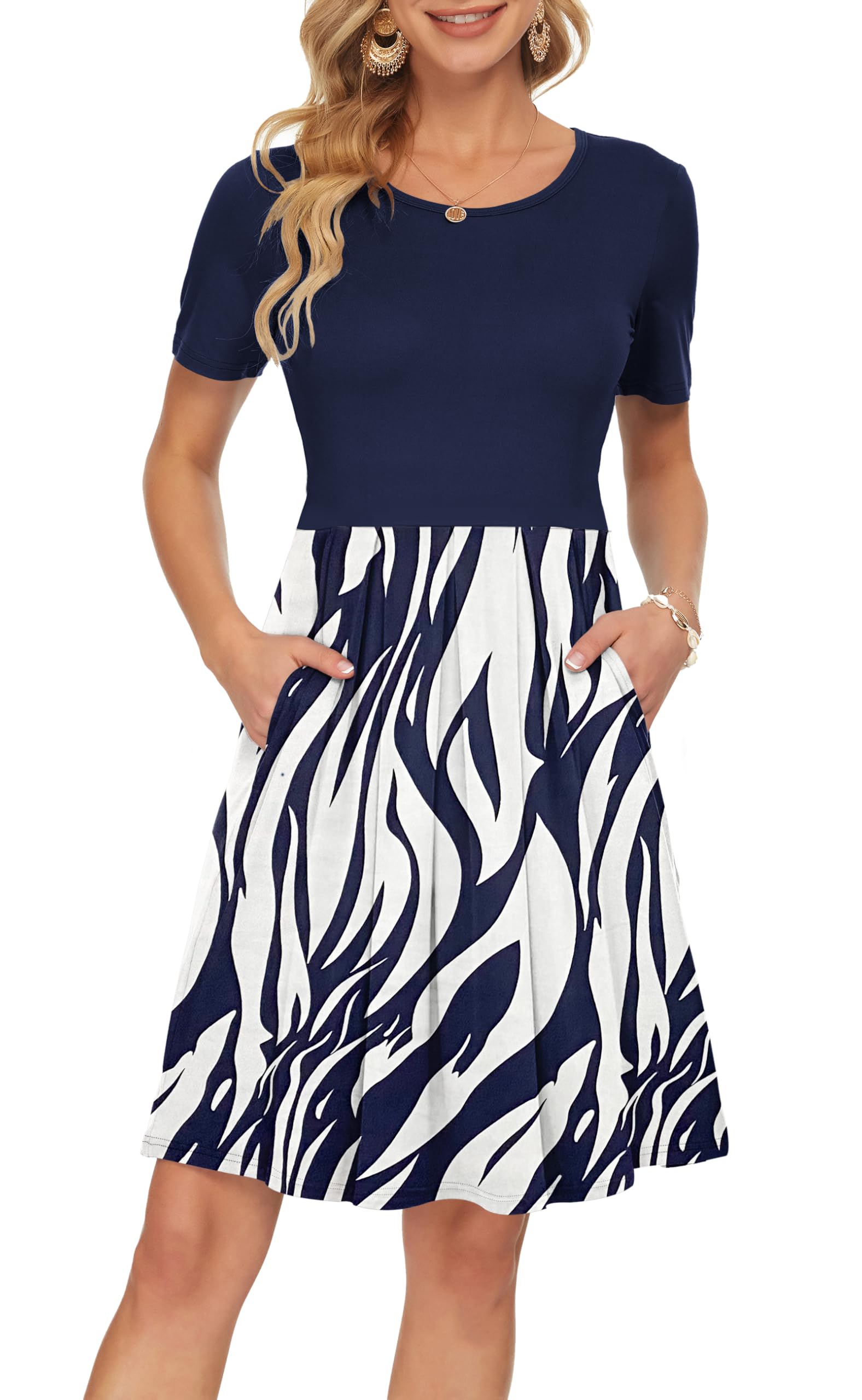 AUSELILY Women's Short Sleeve Pleated Swing Summer Dress with Pockets