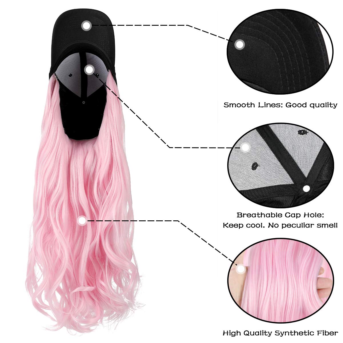 XBwig Baseball Cap Wigs Synthetic Long Curly Wavy Wig Hat With Hair Extensions Attached Hairpieces For Women Adjustable Black Caps With Magic Paste Light Pink