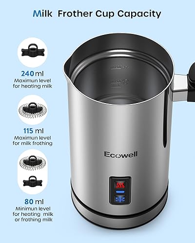 Vista 6 de ECOWELL Espumador de leche, espumador de café eléctrico, espumador automático de espuma fría y caliente, vaporizador de leche de acero inoxidable
