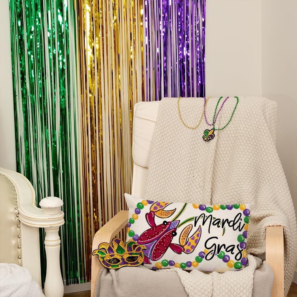 AACORS Mardi Gras Lumbar Pillow Cover 12X20 Mardi Gras Lobster Fleur De Lis Beads Decor Farmhouse Decorative White Cushion Case Home Decorations for Sofa Couch AA095-12 - Image 3