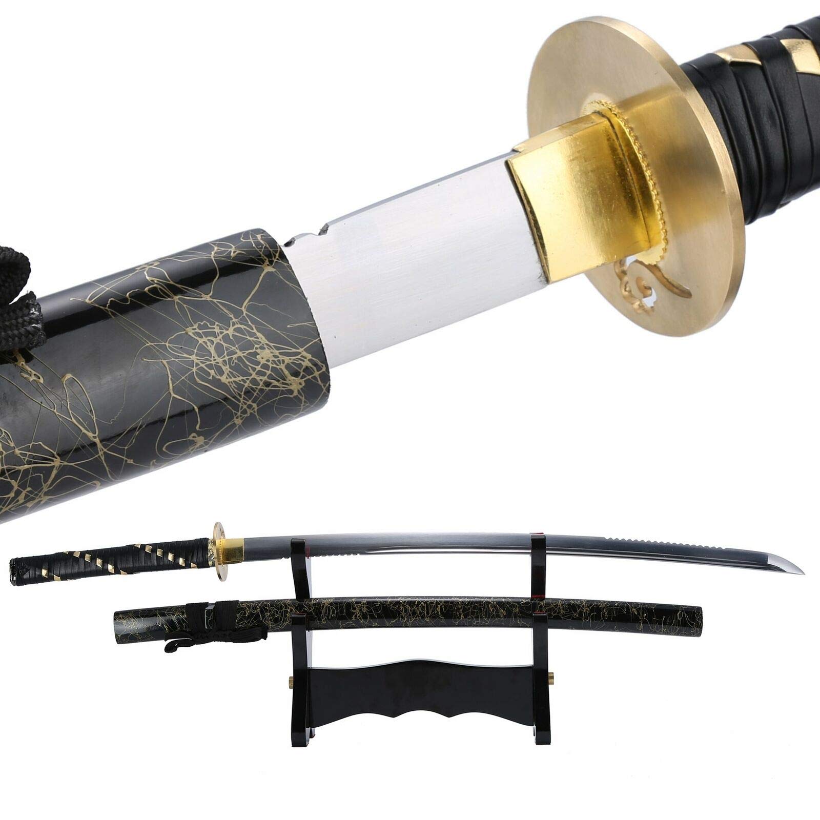 LF Sword Handmade Gold Tsuba Katana Real Katana Japanese Samurai Swords with Black Scabba
