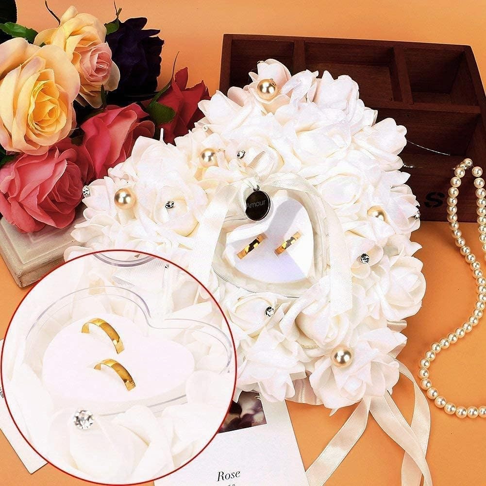 Porte-Alliances En Forme De Cœur Décoré De Roses Romantiques 15 x 13 cm Écrin Pour Bagues Ou Dragées De Mariage, Blanc, Taille Unique