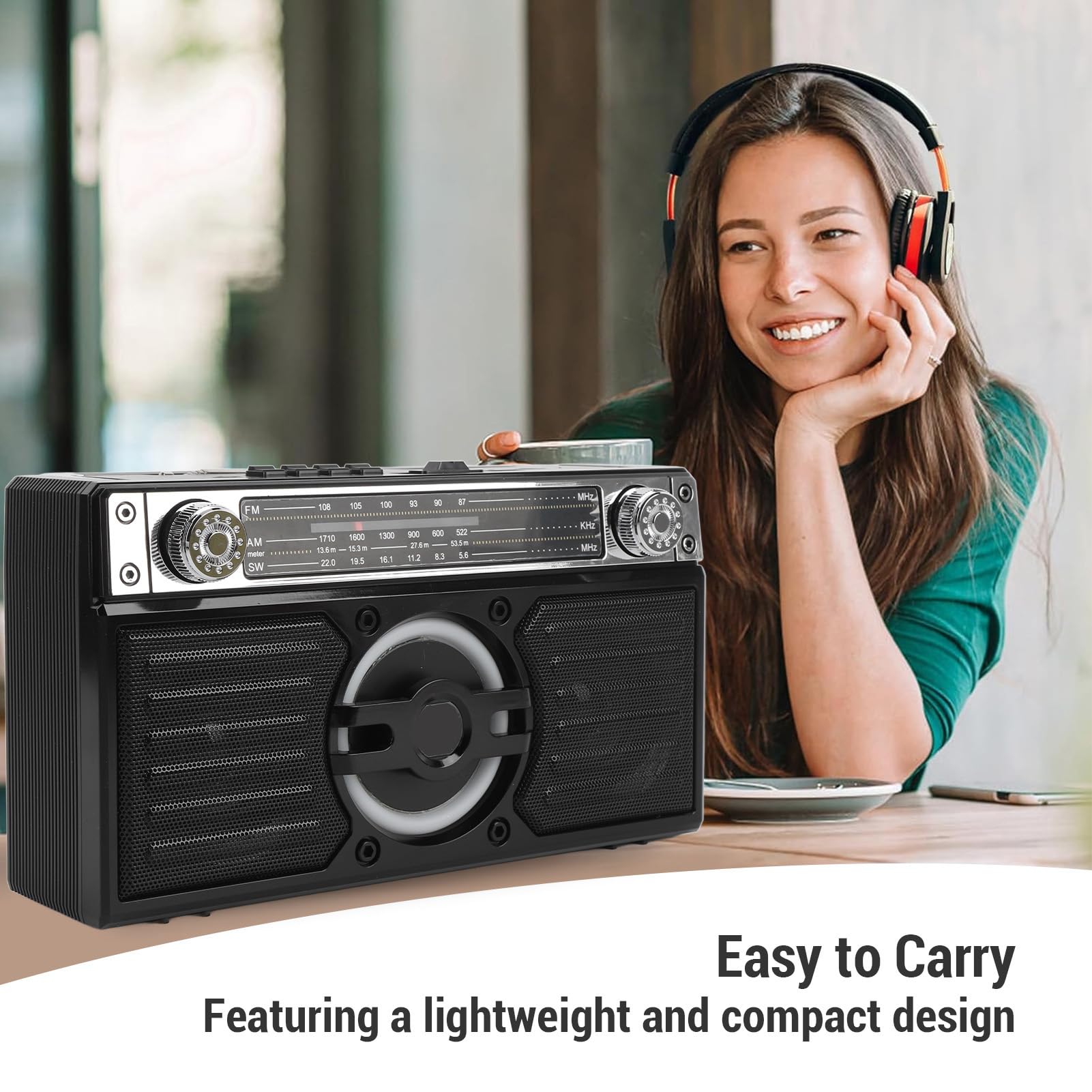 VBESTLIFE Przenośne Radio, Bluetooth FM AM SW z Czytnikiem Kart USB, Podwójne Głośniki 5 W, 18H żywotności, Typu C, do Podróży na Zewnątrz Domu (BLACK)