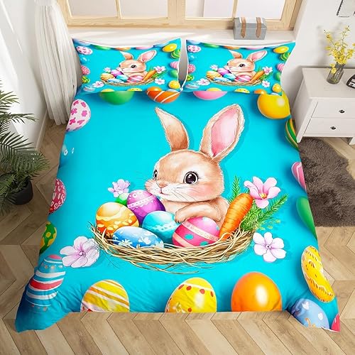 Juego de ropa de cama con temática de Pascua de conejitos para niños, adolescentes y jóvenes, funda de edredón de nido de huevos de Pascua, funda de