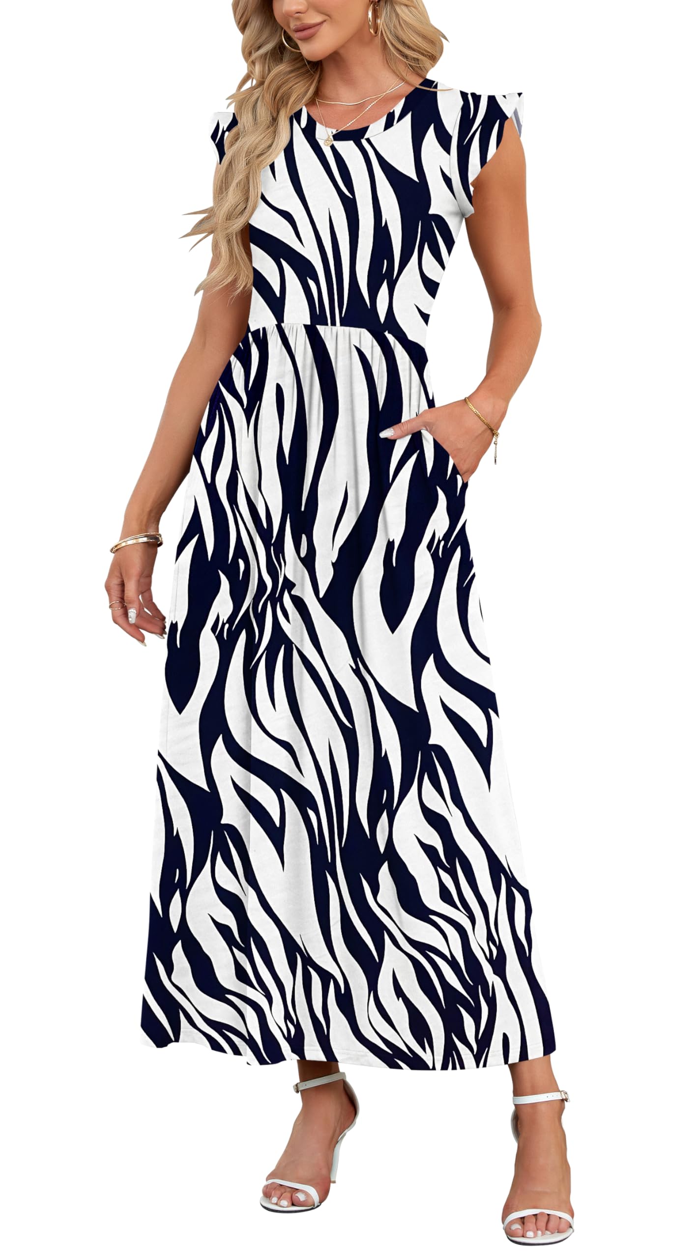 AUSELILY Damen Sommer Rundhalsausschnitt Maxi Kleid mit Taschen Kurzarm und Rüschen Lässiges Hohe Taille Langes Lockeres Bodenlanger Rock