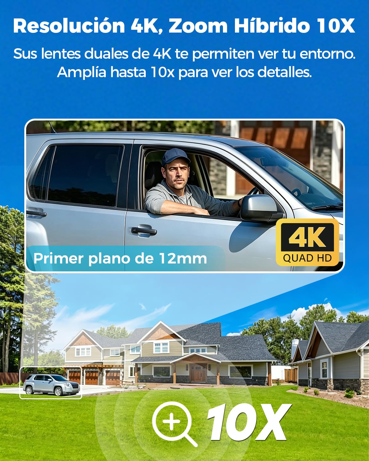 GENBOLT 4K WiFi Cámara Vigilancia Exteriores con PoE,Cámara CCTV IP de Doble Lente de 8MP Cámara Seguridad Exterior con Zoom Híbrido 10X y Seguimiento Automático de Personas y Vehículos(2,4&5GHz)