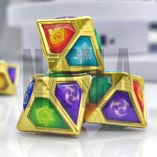 Miniatura 7 de NISILA Genius Invokation - Juego de 8 dados con bolsa de dados para juegos Genshin Impact TCG juego de dados de metal poliédricos Element