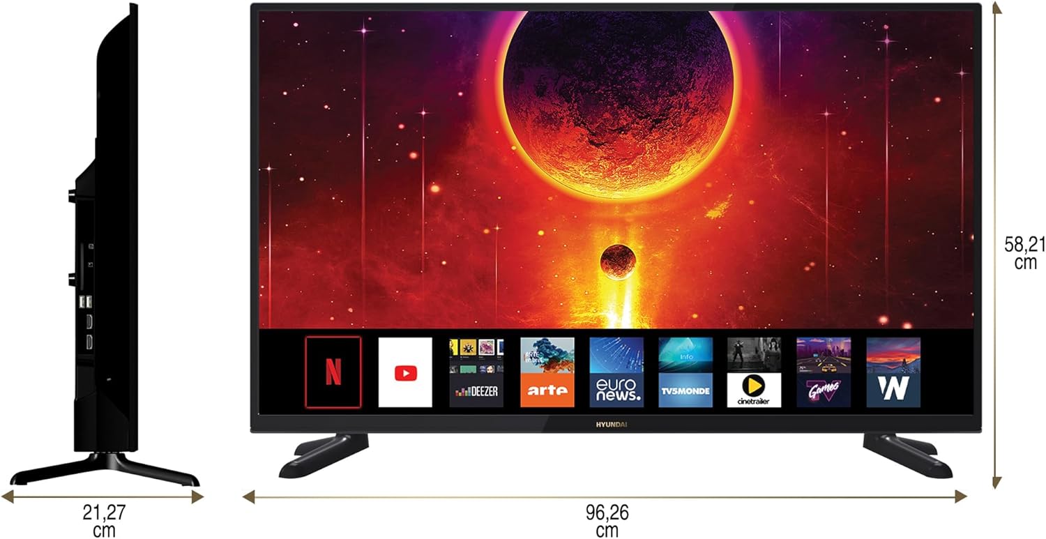 Diagram showing the dimensions of the HYUNDAI 42-inch Smart TV, with a width of 96.26 cm and a height of 58.21 cm.