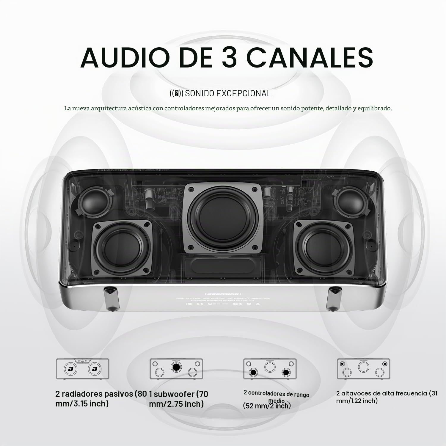 BOGASING S8 Pro MAX Altavoz Bluetooth Potente, Altavoces inalambrico con 3 Canales Audio Espacial Inmersivo, 5 Controladores y 2 Radiadores Pasivos, EQ, TF, AUX, Micrófono Incorporado (Plata)