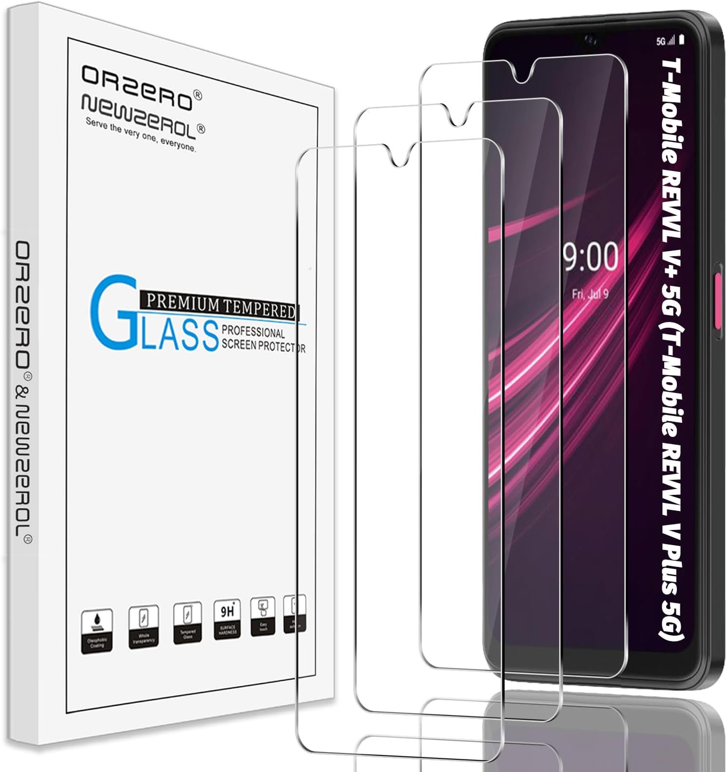 Orzero (3 Pack) Tempered Glass Screen Protector Compatible for T-Mobile REVVL V+ 5G (T-Mobile REVVL V Plus 5G), Protector De Pantalla 9 Hardness High Definition Bubble Free Anti-Scratch