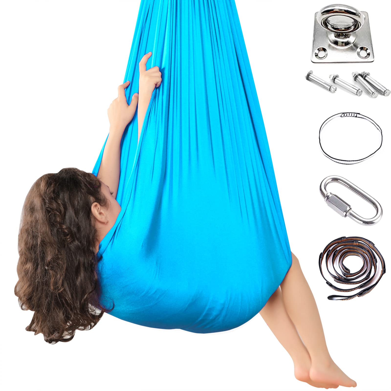 Kids Therapy Swing Hammock, Stretch Swing Hammock with 360° Swivel Hanger Hardware for ADHD Kids Autism Aspergers Sensory Integration for Kids Yoga Indoor Outdoor Patio 1.5M (Azure)