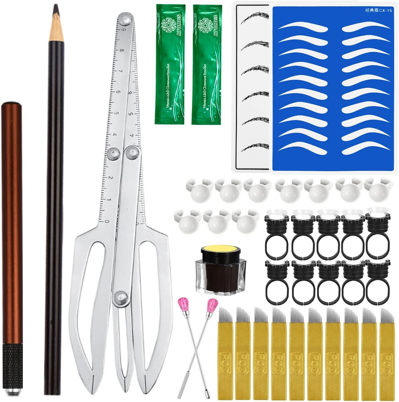 ATOMUS Permanent Eyebrow Tattoo Make-up Practice Set Microblade Pen Eyebrow Microblading Pen Practice Pigment Ink Practical Skin Set Stainless Eyebrow Eyebrows Measuring Ruler