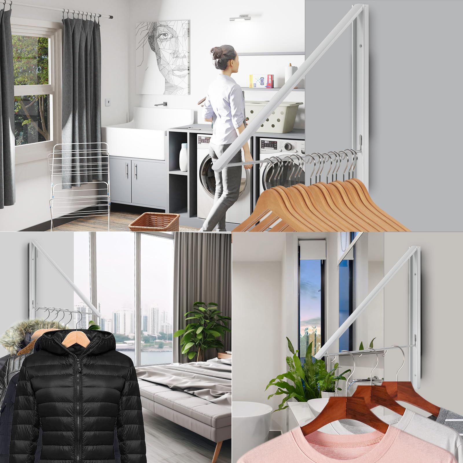 Zusammenklappbarer Kleiderbügel, Wandaufhängung, einziehbarer Trockenständer, 1,1 cm dick, platzsparende Wäscheständer und Schrank-Organizer, Aluminium (weiß)