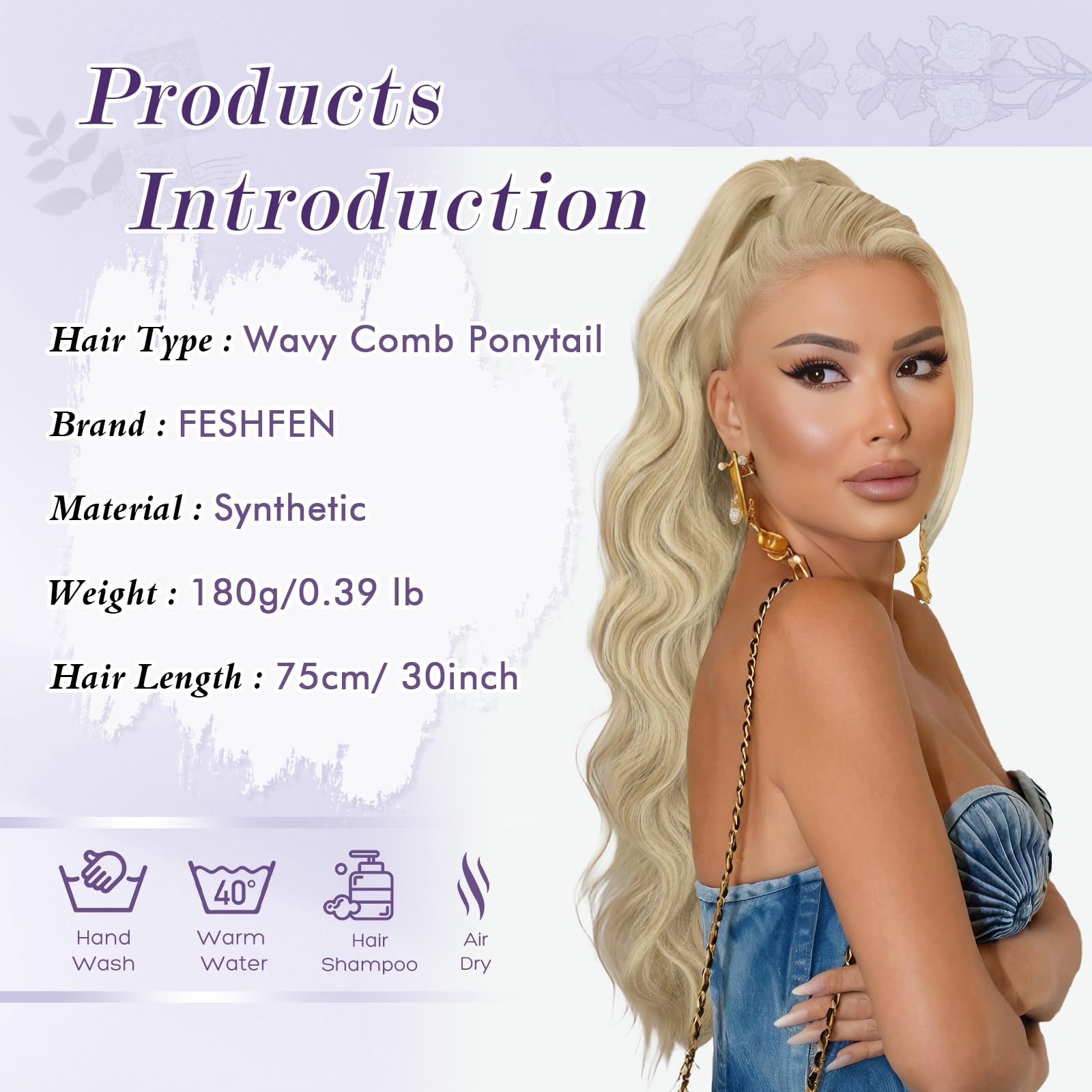 FESHFEN Pferdeschwanz Haarteil mit Kordelzug, 75cm Gewellt Ponytail Extension Comb Clip in Haarverlängerung zopf für Frauen Synthetik Pferdeschwanz Haarverlängerung - Schmutziges Blond