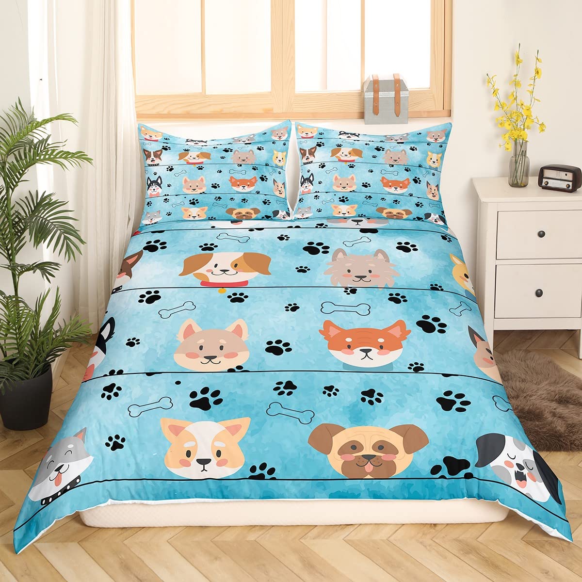 Kawaii Dog Kids Duvet Cover Set Twin Size,Paw Print Bone Animal Bedding Set,Girls Boys Adults Home/Guest Room Decor,Cartoon Pet Corgi Pug Comforter Cover,Blue Cute Quilt Cover,2pcs,1 Pillowcase