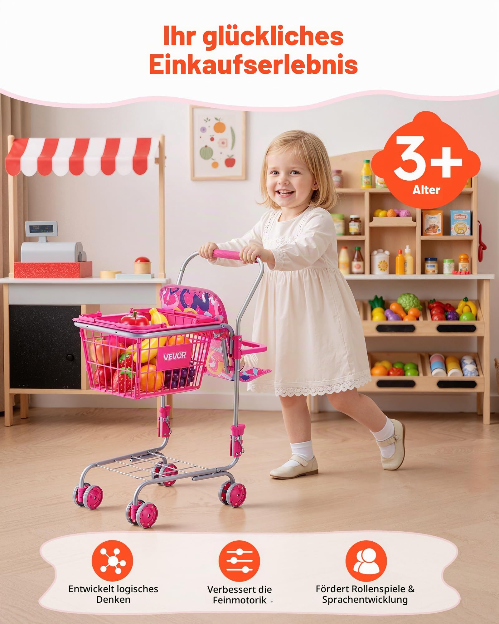 VEVOR Einkaufswagen für Kinder, Einkaufswagen Supermarkt Spielzeug mit Klappsitz für Puppen Stahlrahmen & Rollen, Faltbares Kaufladenzubehör mit Puppen-Spielzeug, Kaufmannsladen Spiele für Kinder ab 3