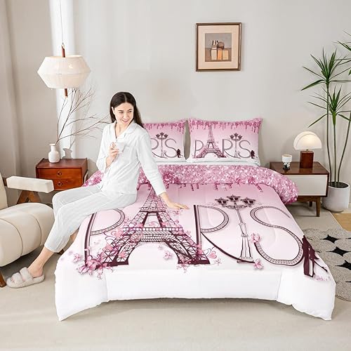 Juego de edredón de la Torre Eiffel, tamaño King, edredón de plumón de ensueño floral rosa brillante para niñas, niños, adultos, pareja, decoración
