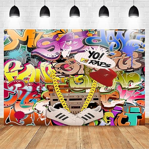 Miniatura 3 de Mocsicka Fondo de graffiti de hip hop retro de los años 80 y 90, decoración de fiesta de cumpleaños, 7 x 5 pies, arte urbano, graffiti, fondo de