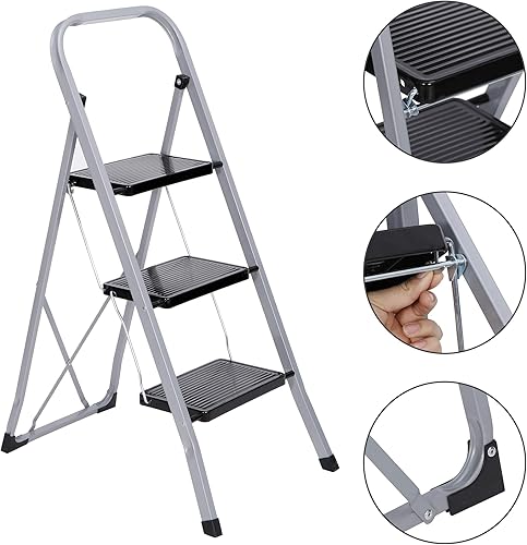 Miniatura 5 de JungleA Escalera de 3 escalones, taburete plegable para adultos, escalera ancha antideslizante para el hogar, cocina, armario, garaje y oficina,
