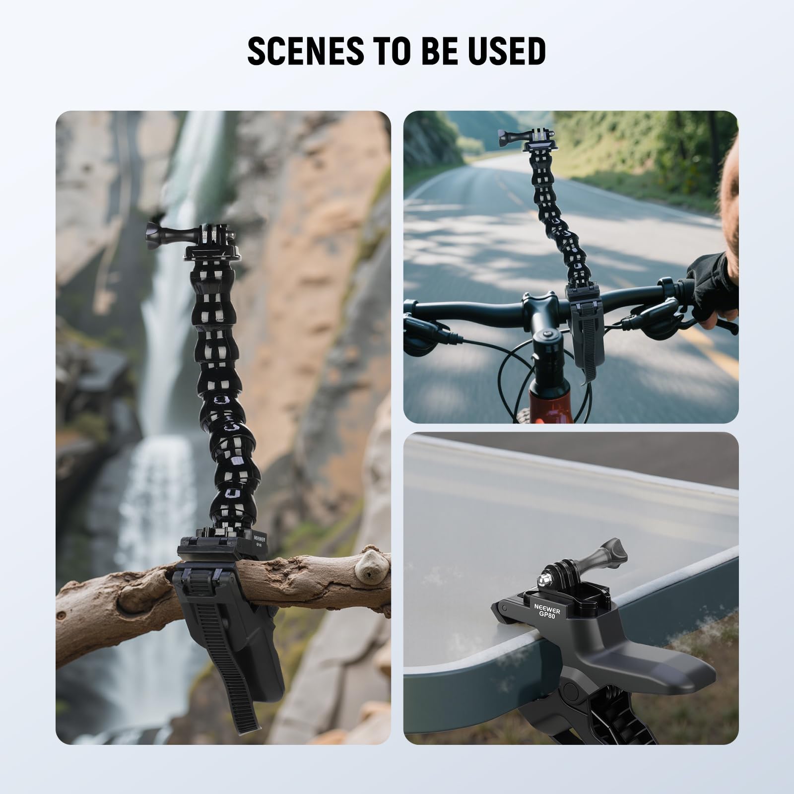 NEEWER Supporto a Morsetto Flessibile Compatibile con GoPro DJI Action Camera, Sostegno a Super Clamp Flessibile, Clip per Asta Scrivania con Tubo e Adattatore, Accessori per Foto/Videografia, GP-80