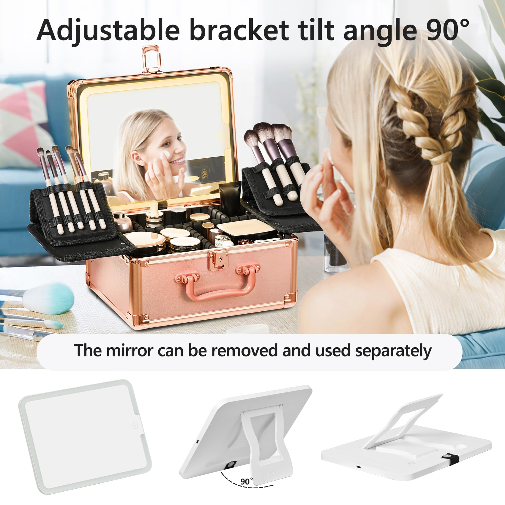 Makeup Case with Detachable LED Mirror and Customizable Storage