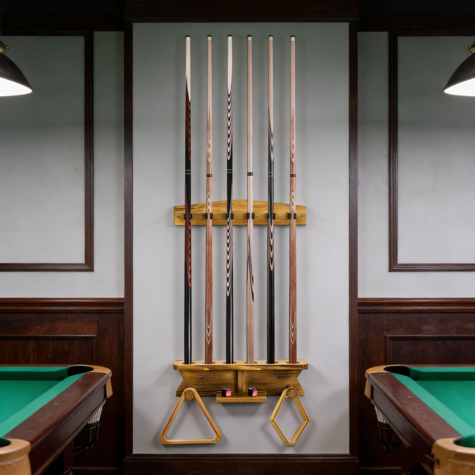 Pumtus Support mural pour queues de billard en bois, peut contenir 6 queues et 2 supports triangulaires, support de queue de billard robuste, support mural pour bâtons de billard, organisateur