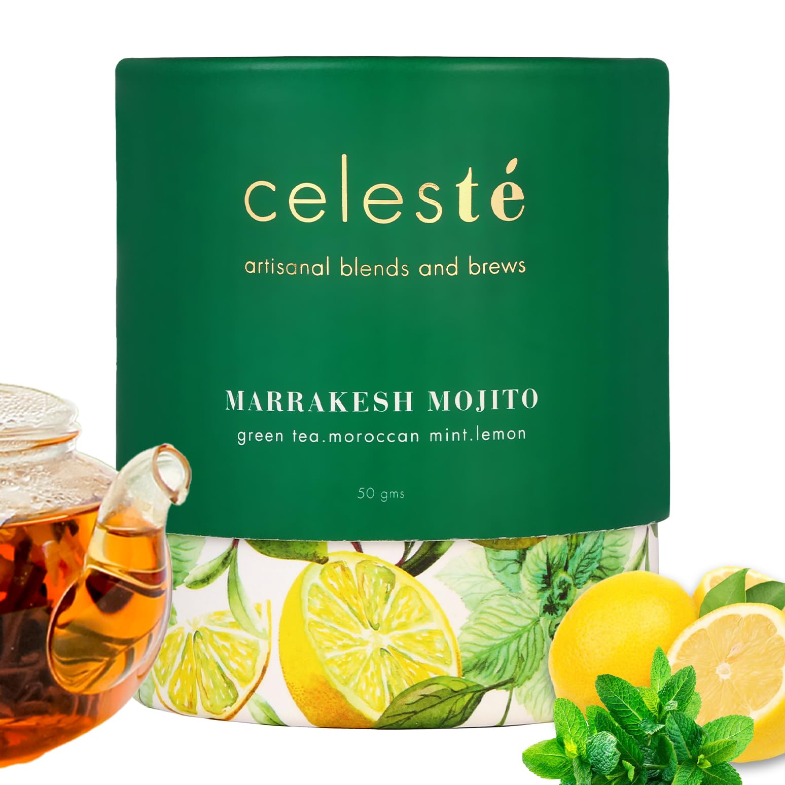 CelesTe Marrakesh Mojito, Moroccan Mint Tea Loose Leaf - Premium Blend with Mint and Lemon | 100% Natural Loose Leaf Green Tea (1.76 oz) (50 gm) (25