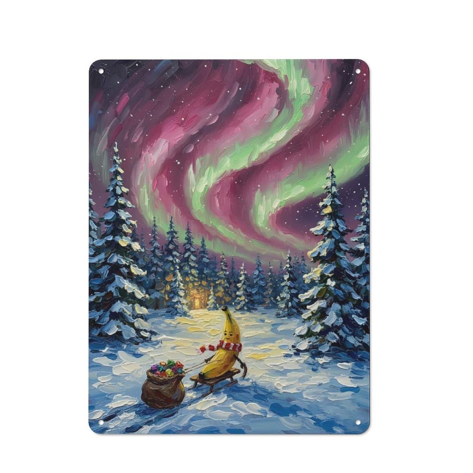 Country Style Kitchen Metal Sign 40x30cm Featuring Banana Sleigh Ride Under Aurora Borealis, Diner Style Decor for Kitchen, Cafe, Pantry Or Dining Room